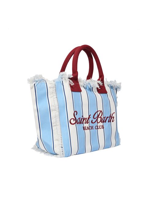 Borsa Vanity Beach Club regular in canvas di cotone a righe azzurre con dettagli bordeaux Mc2 Saint Barth | VANI00100938L